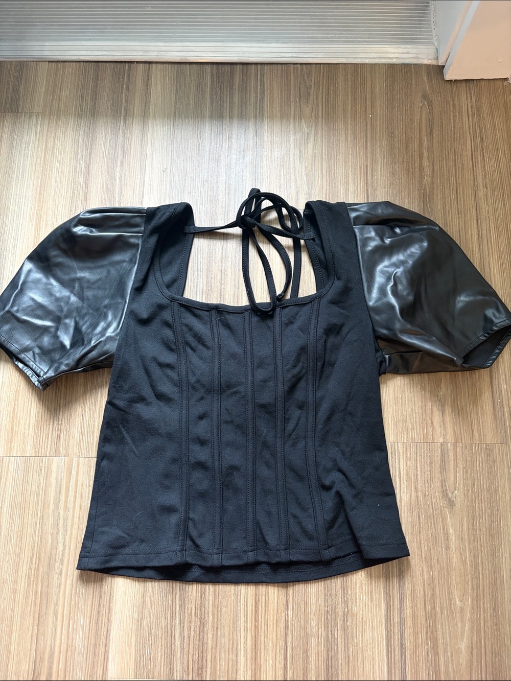 fab'rik Black Puff-Sleeve Tie-Back Top